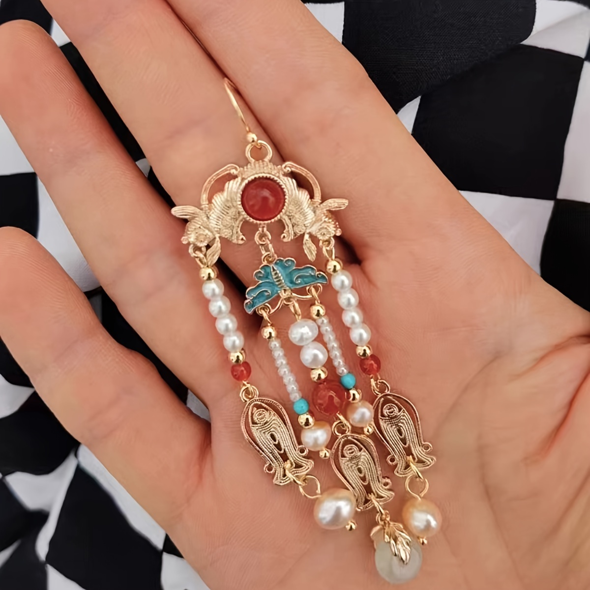 Hanfu Inspired Tassel Drop Earrings with Beads & Pearls